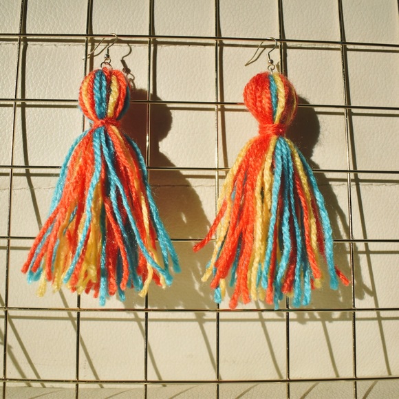 SOLD BOGO Colorful Handmade Dangle Earrings Tassel Yarn - Picture 2 of 2